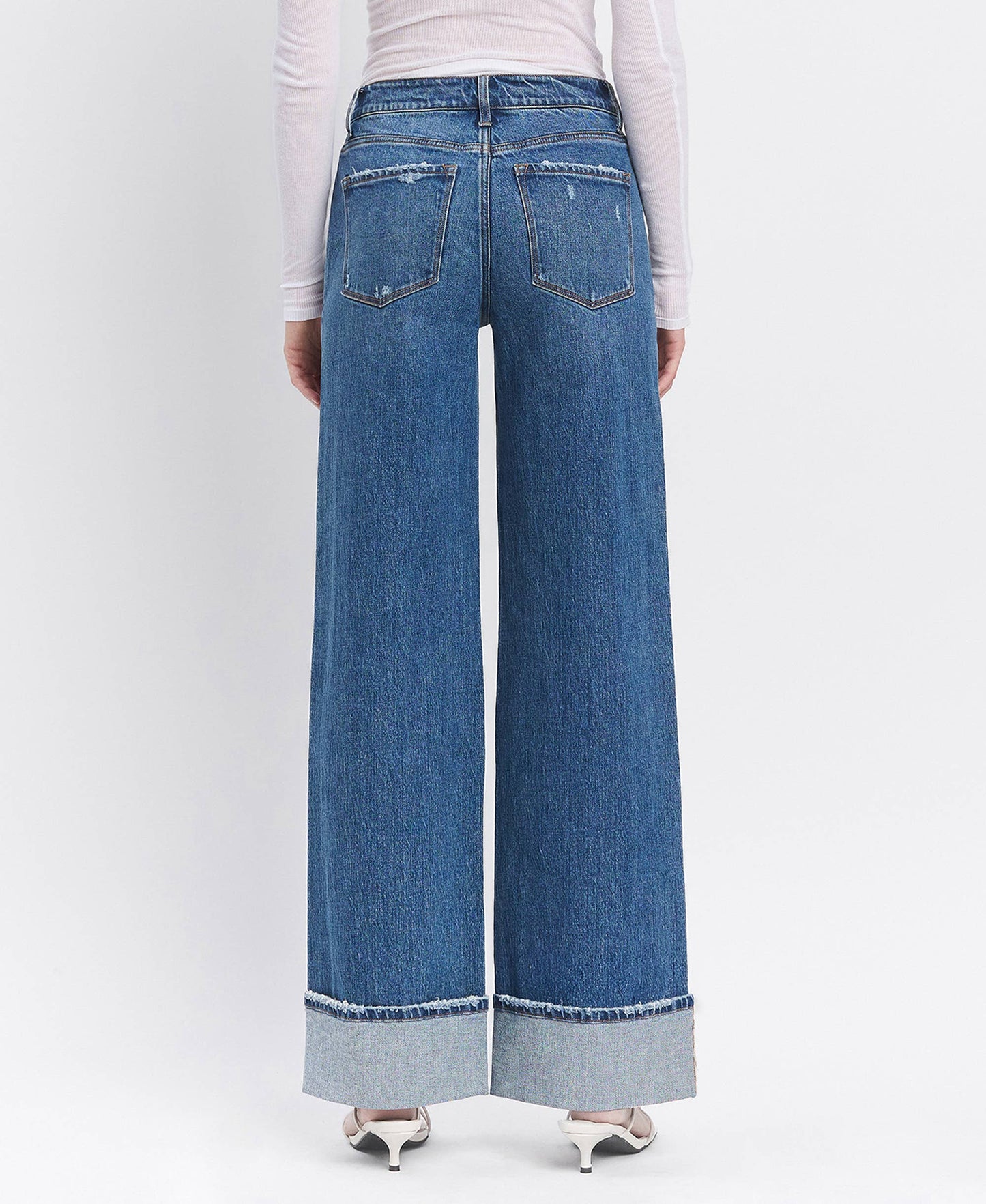 VERVET by FLYING MONKEY - HIGH RISE CUFFED PANEL BAGGY WIDE JEANS T6645