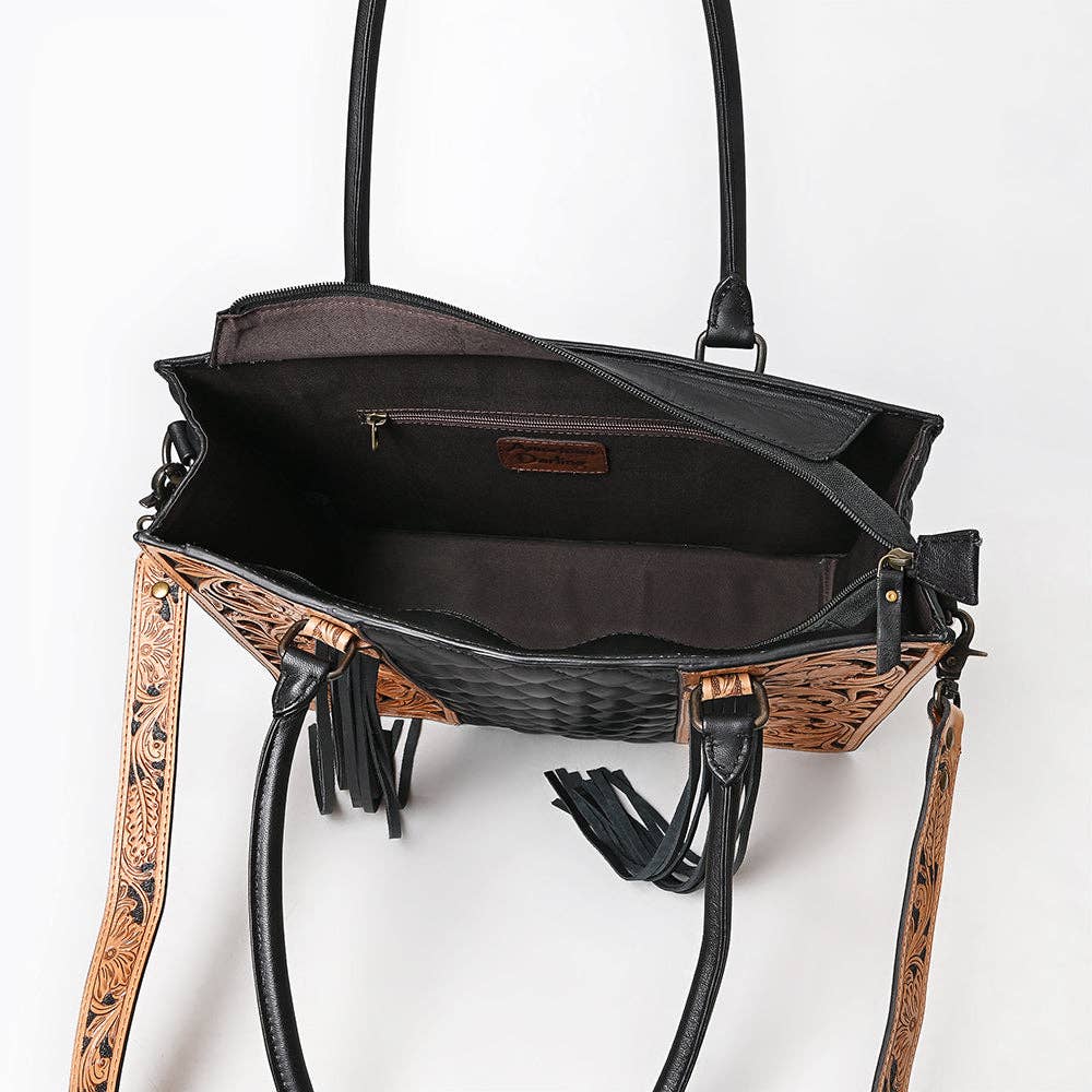Cowhide & Hand-Tooled Leather Tote | Fringe Shoulder Bag