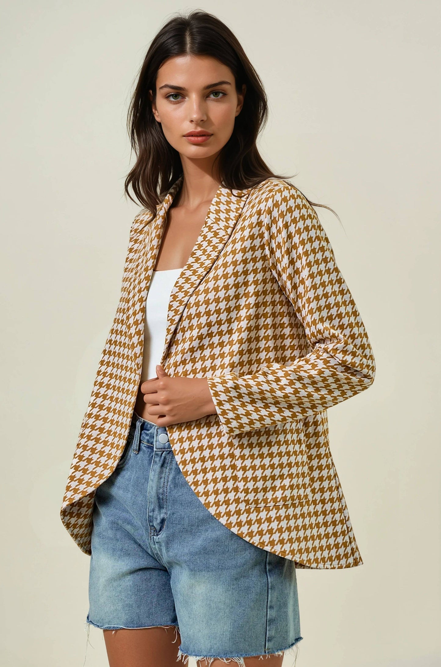 Doe and Rae - HOUNDSTOOTH JACQUARD SHAWL NECK BLAZER JACKET - 10706J: MOCHA/BLACK / S