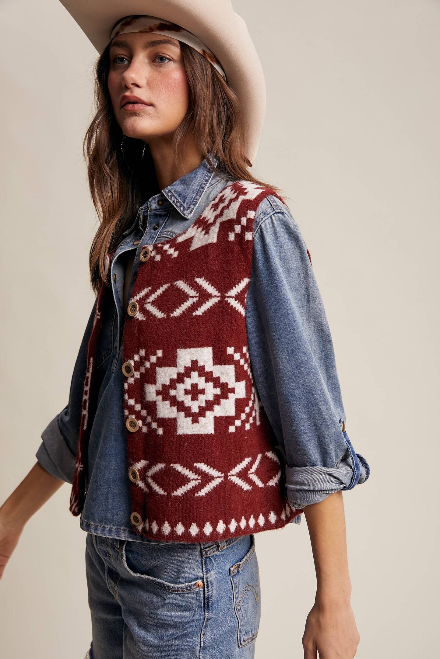 Listicle - Southwestern Button-Up Wool Vest: Amber Brown / M