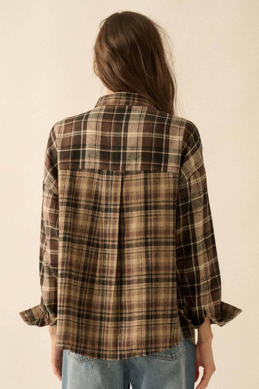 Colorblock Plaid Flannel Loose-Fit Button-Up Shirt