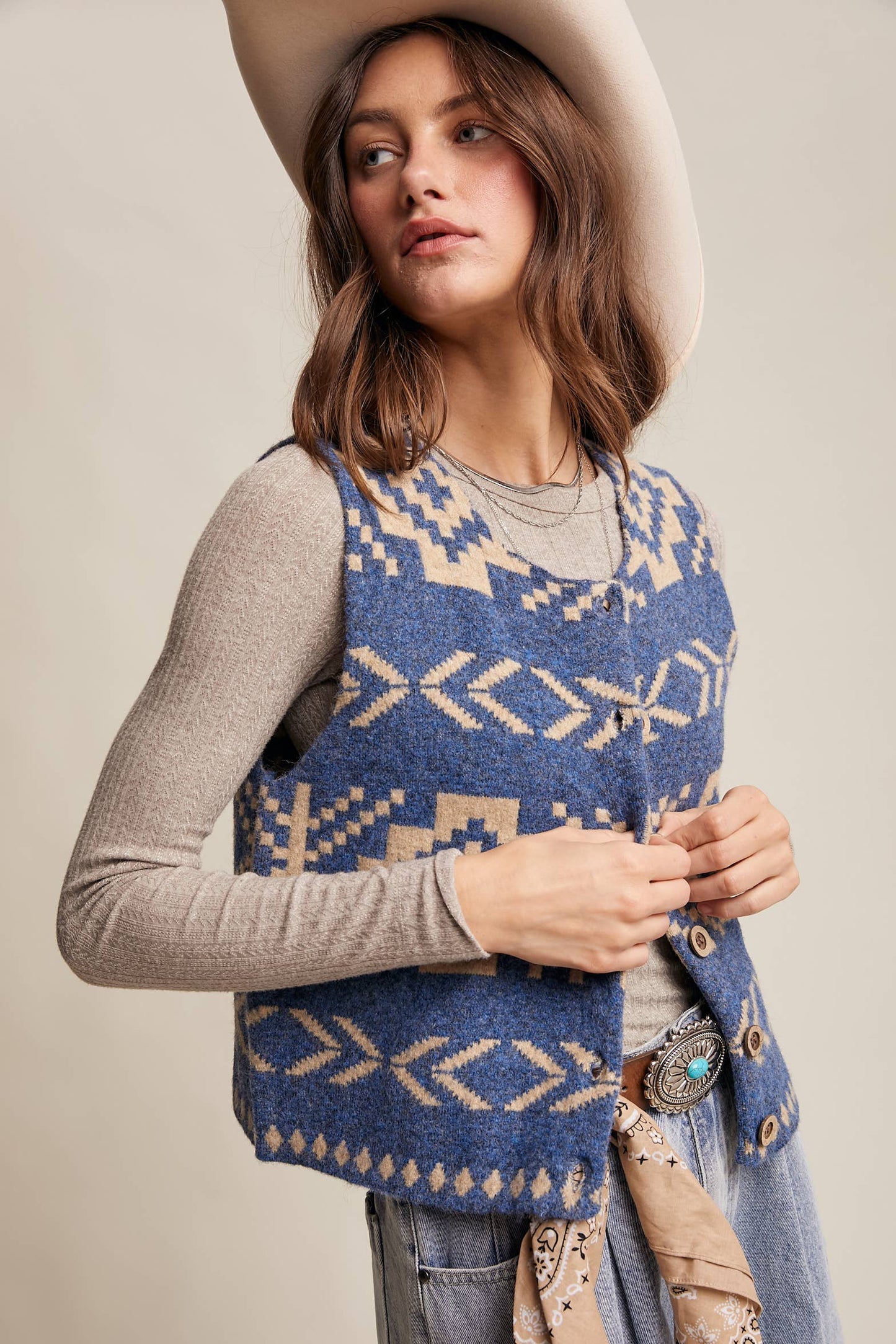 Listicle - Southwestern Button-Up Wool Vest: Amber Brown / M