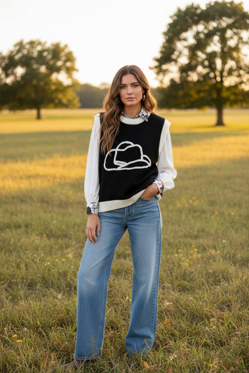 IVORY HAT BLACK BODY VNECK SWEATER