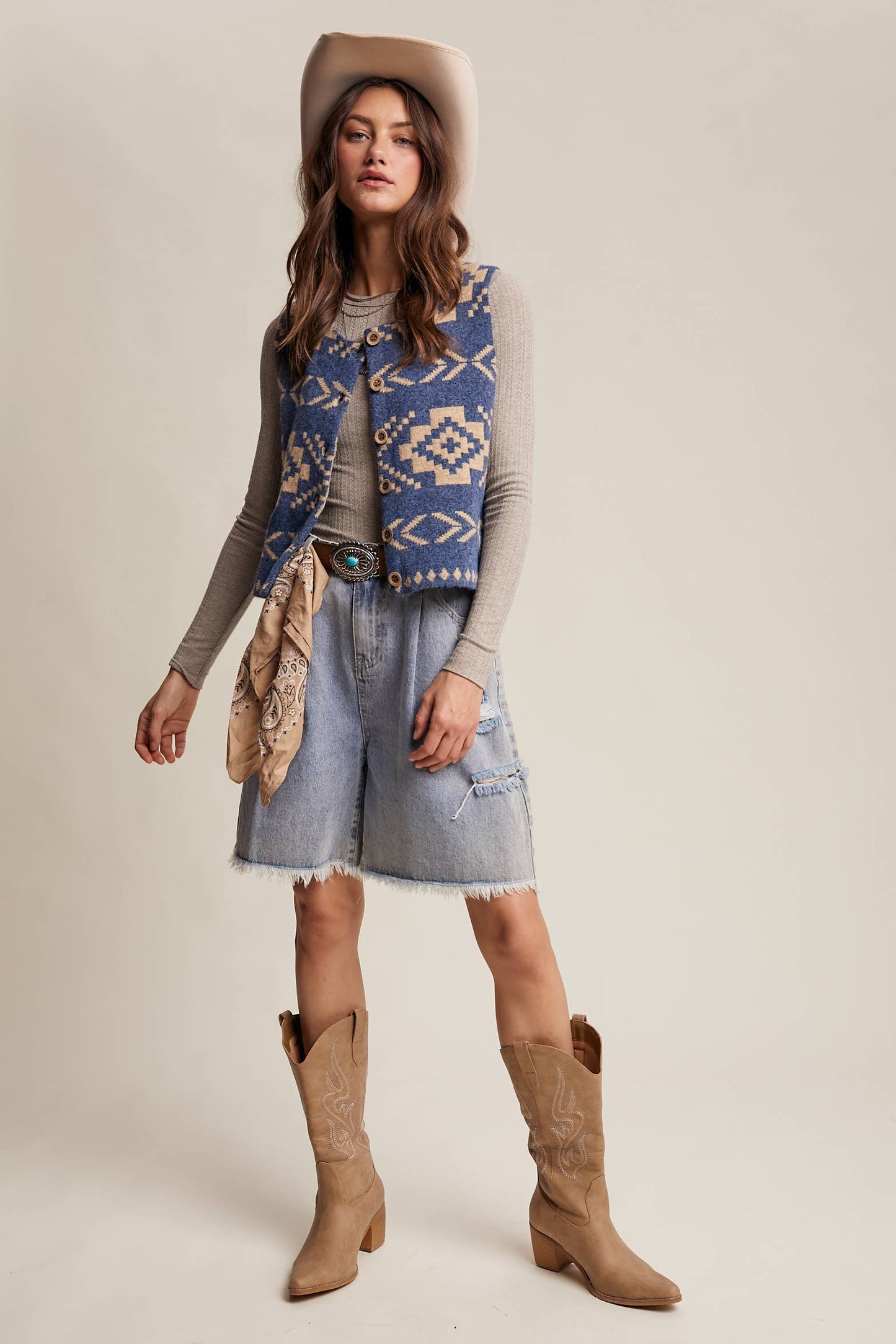 Listicle - Southwestern Button-Up Wool Vest: Amber Brown / M