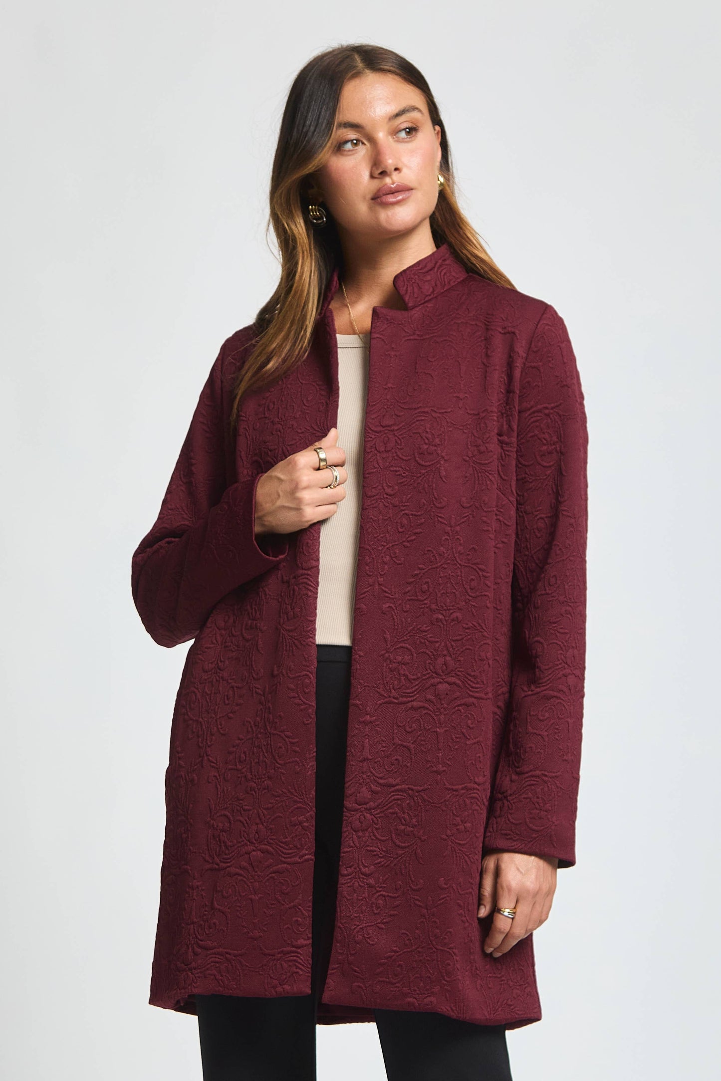 Elegant Jacquard Midi Coat