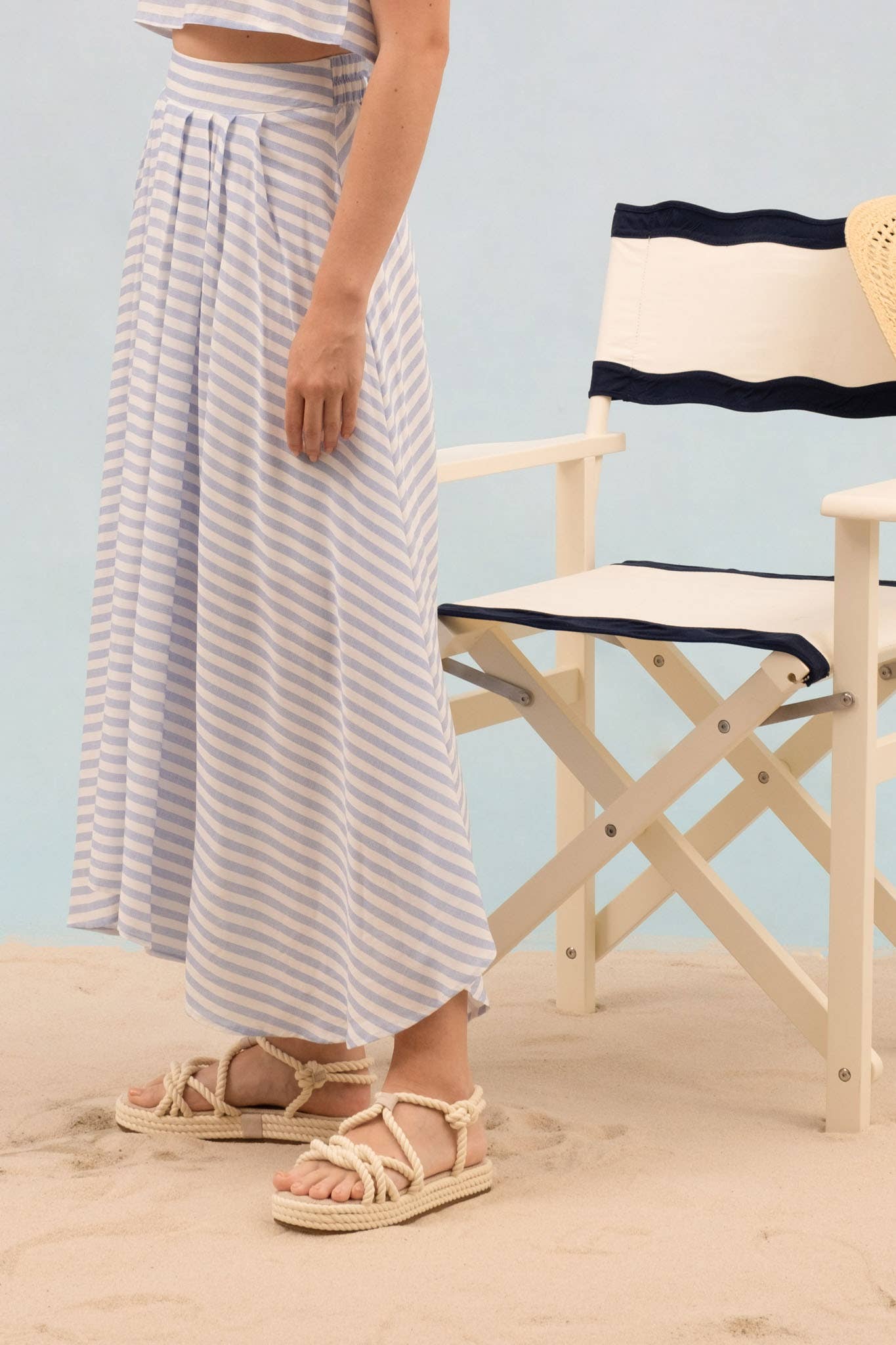 STRIPE HIGH WAIST PLEATED MIDI SKIRT: BLUE