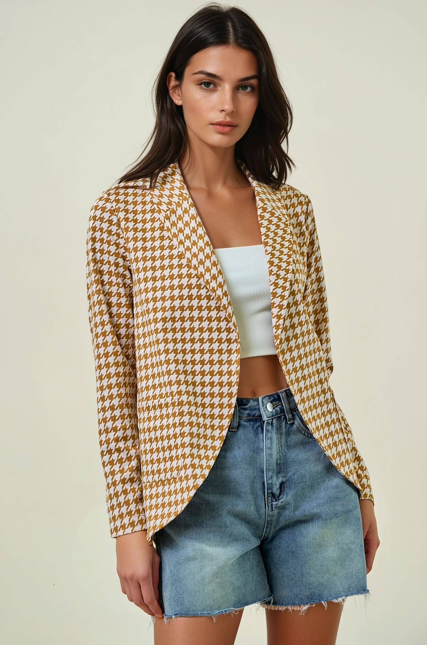 Doe and Rae - HOUNDSTOOTH JACQUARD SHAWL NECK BLAZER JACKET - 10706J: MOCHA/BLACK / S