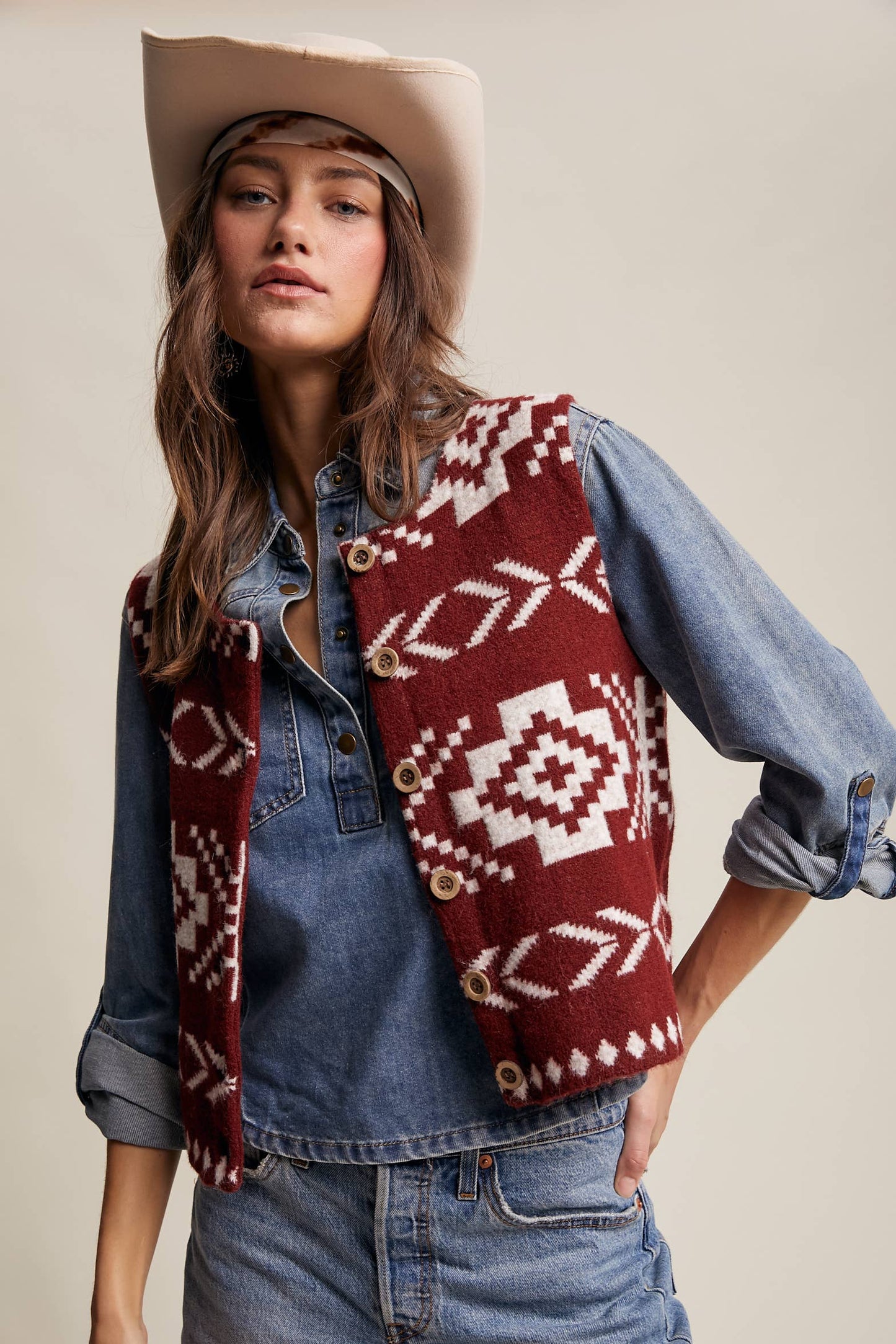 Listicle - Southwestern Button-Up Wool Vest: Amber Brown / M