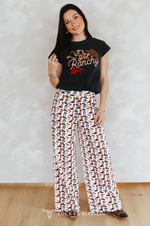 Ivory Western Boots Printed Wide Leg Pants