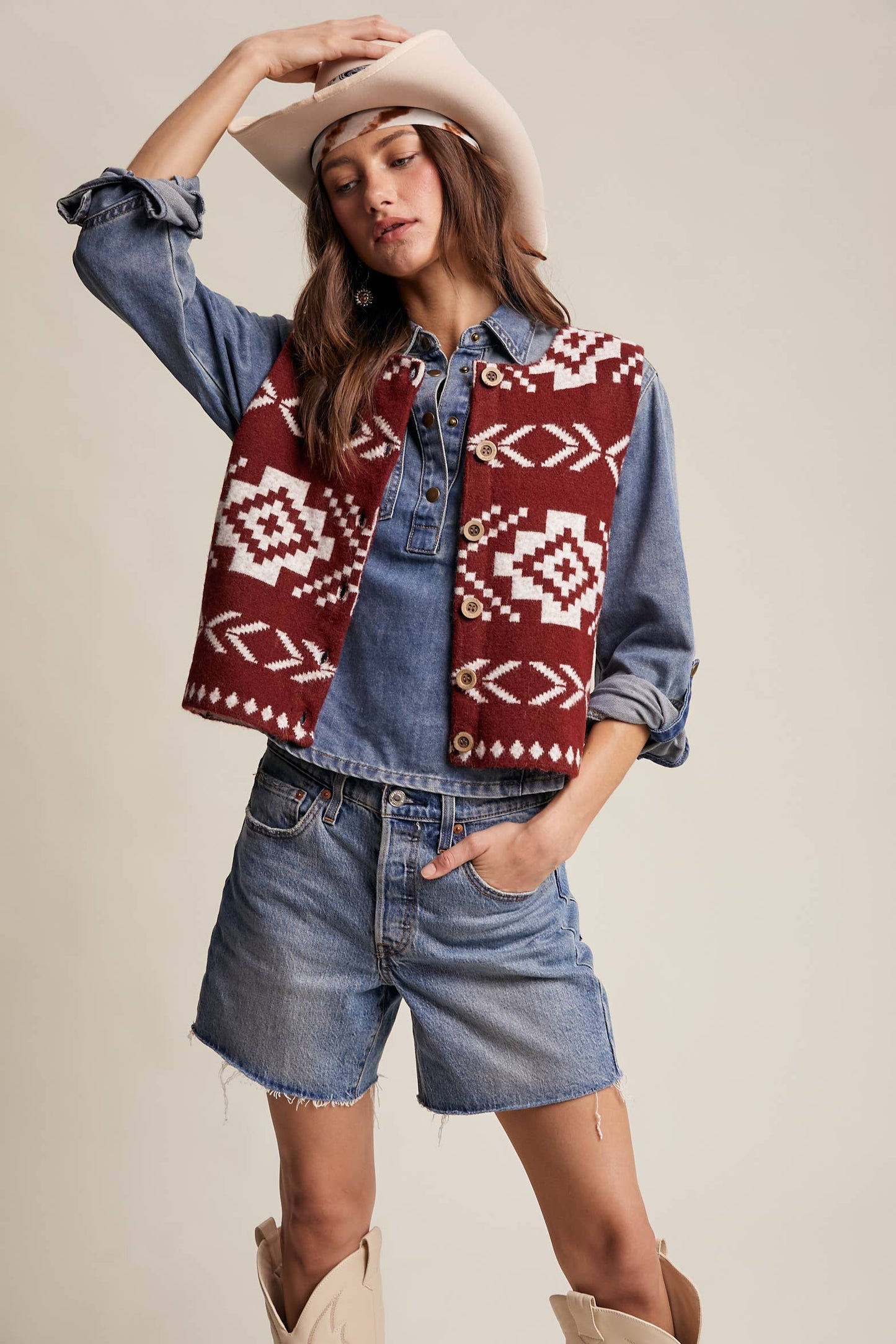 Listicle - Southwestern Button-Up Wool Vest: Amber Brown / M