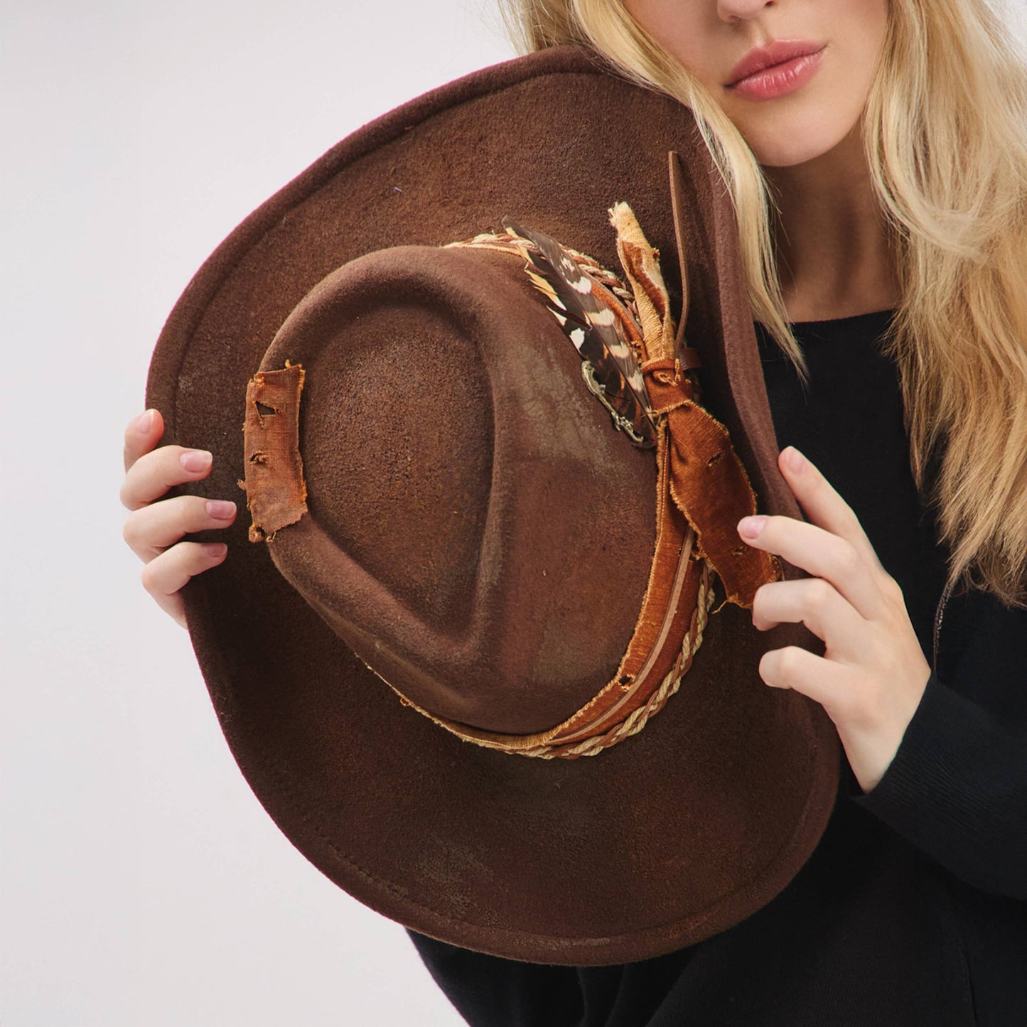 Distressed Band with Feather Cowgirl Fedora Hat