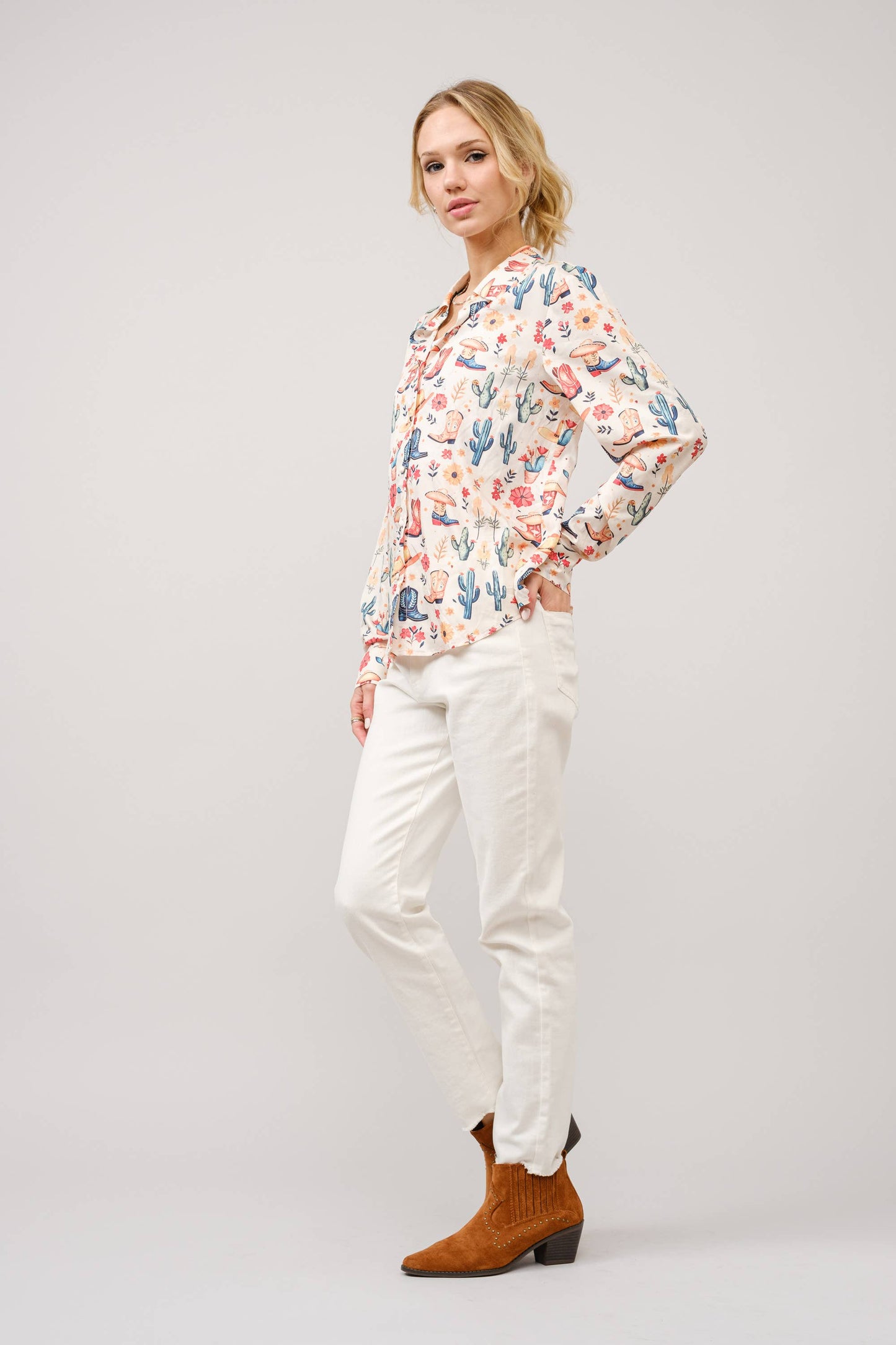 Western Motif Print Button Up Shirt