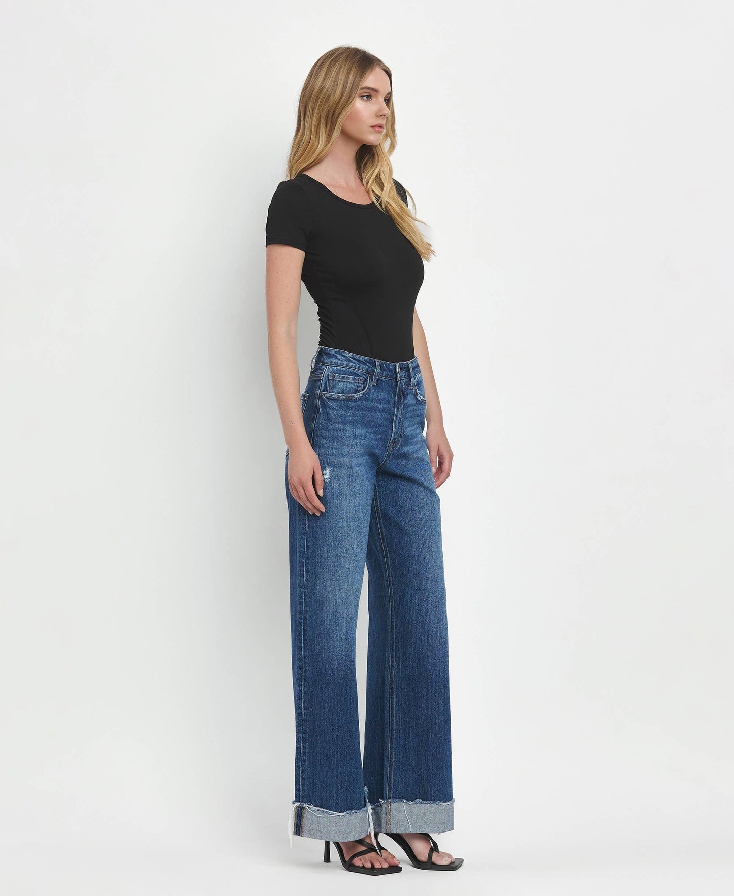 VERVET by FLYING MONKEY - SUPER HIGH RISE CUFFED BAGGY WIDE LEG JEANS T6614