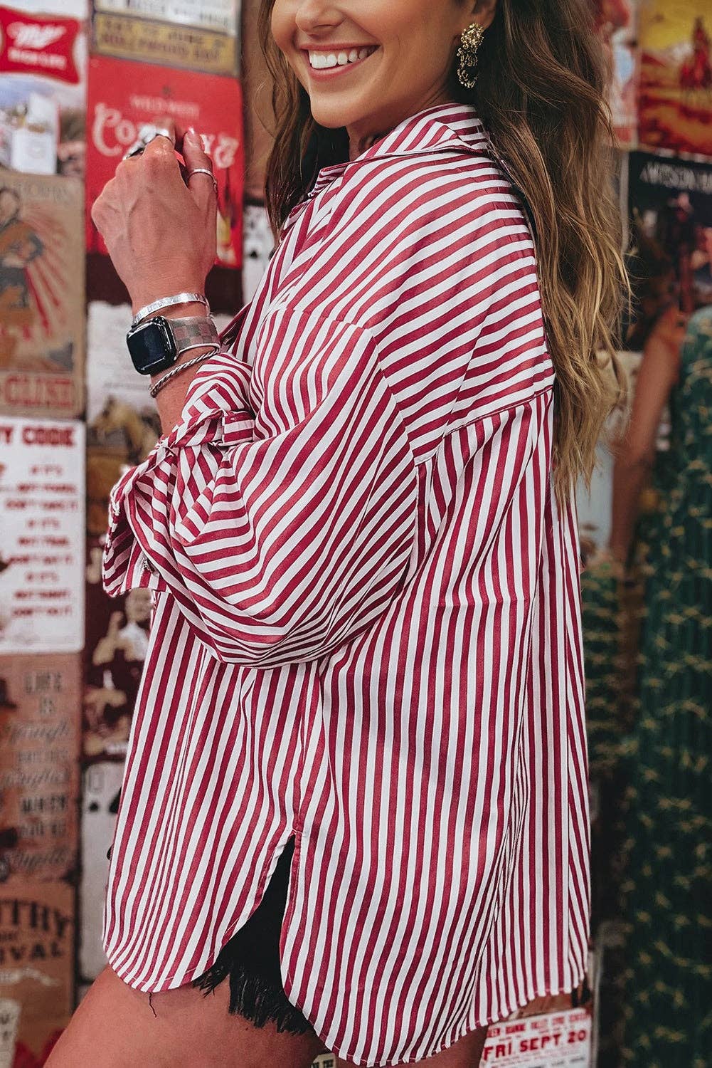 Red Stripe Patched Pocket Side Slit Loose Shirt