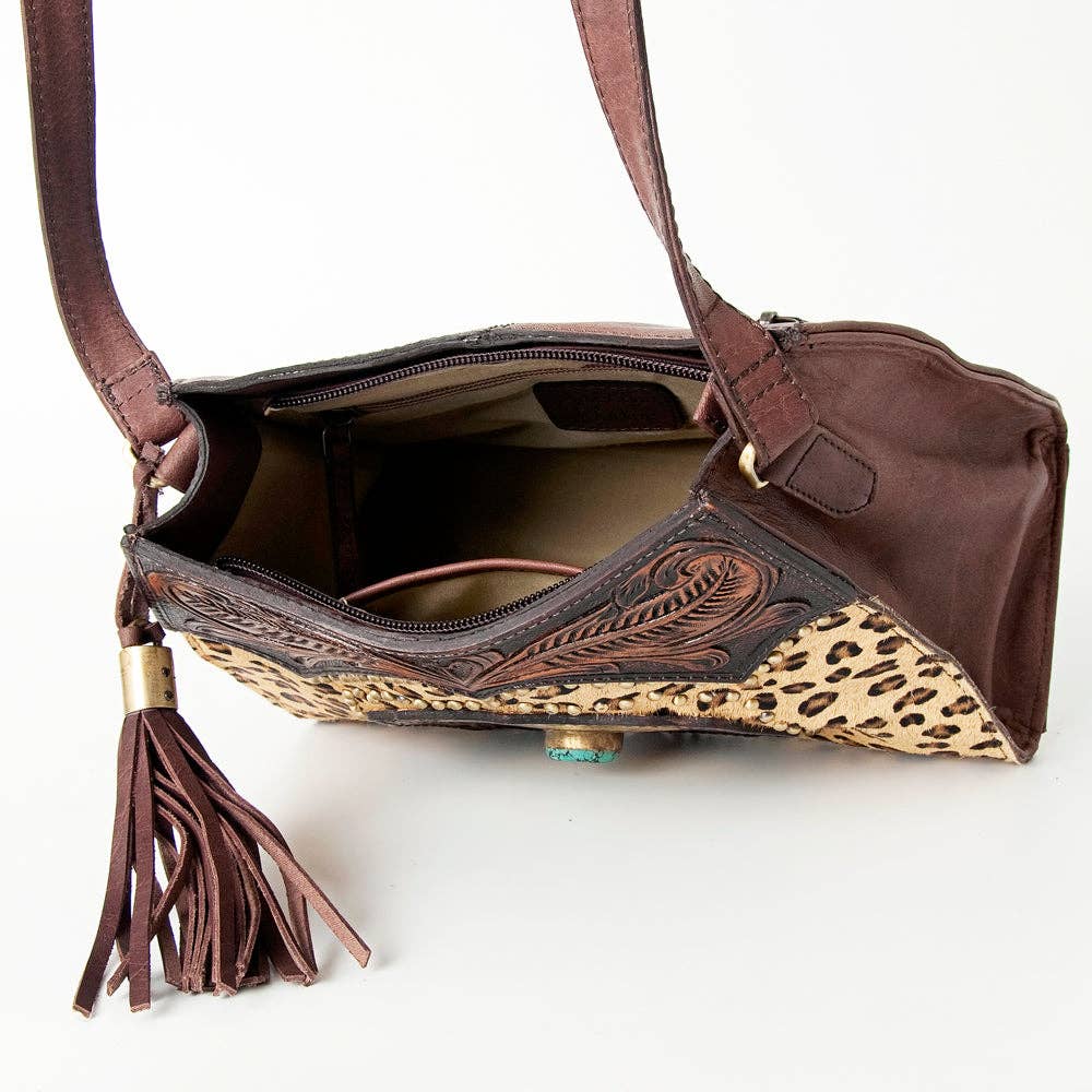 Leopard Print Tooled Leather Bag - Turquoise Concho & Stud Accent