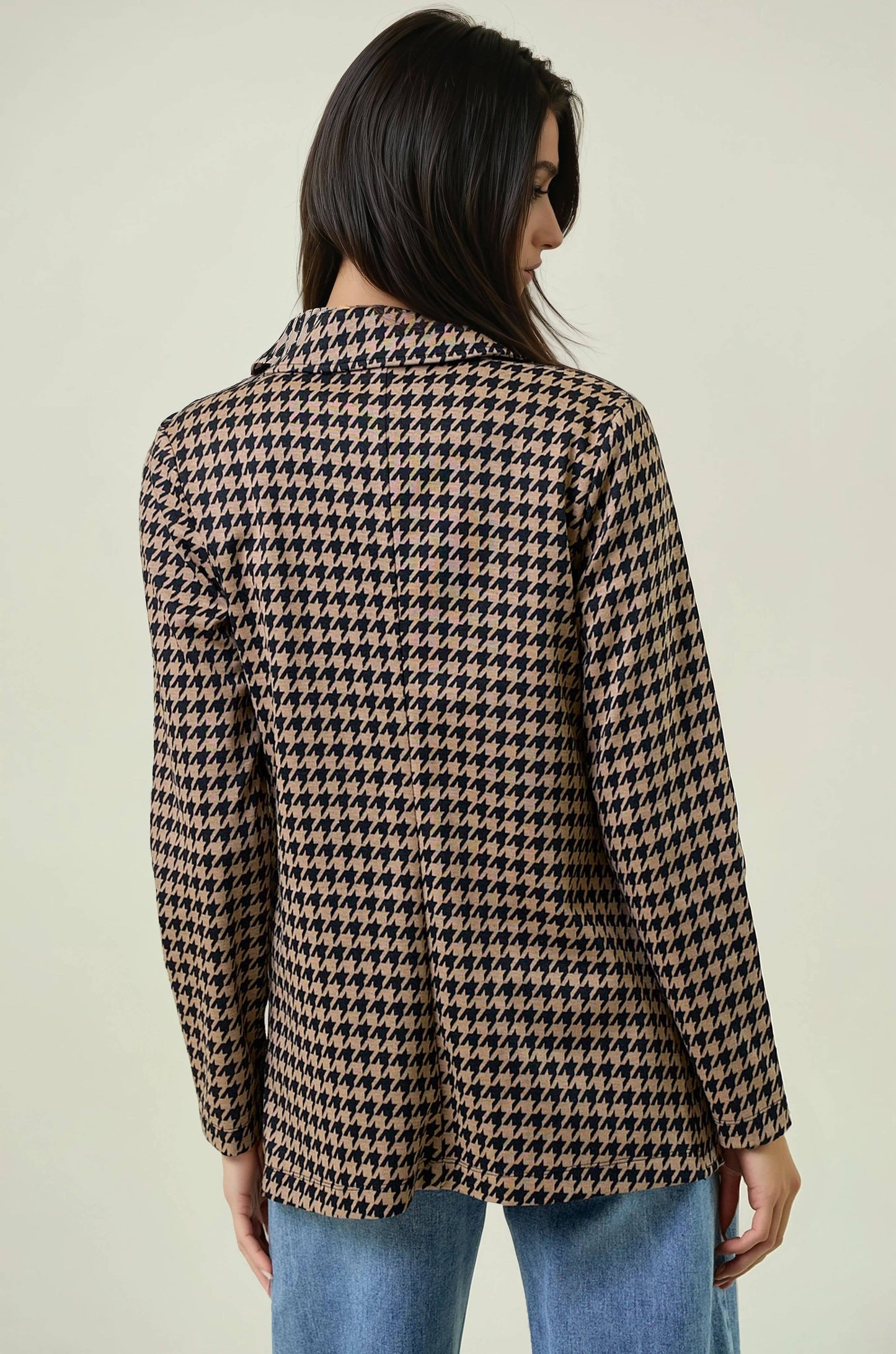 Doe and Rae - HOUNDSTOOTH JACQUARD SHAWL NECK BLAZER JACKET - 10706J: MOCHA/BLACK / S