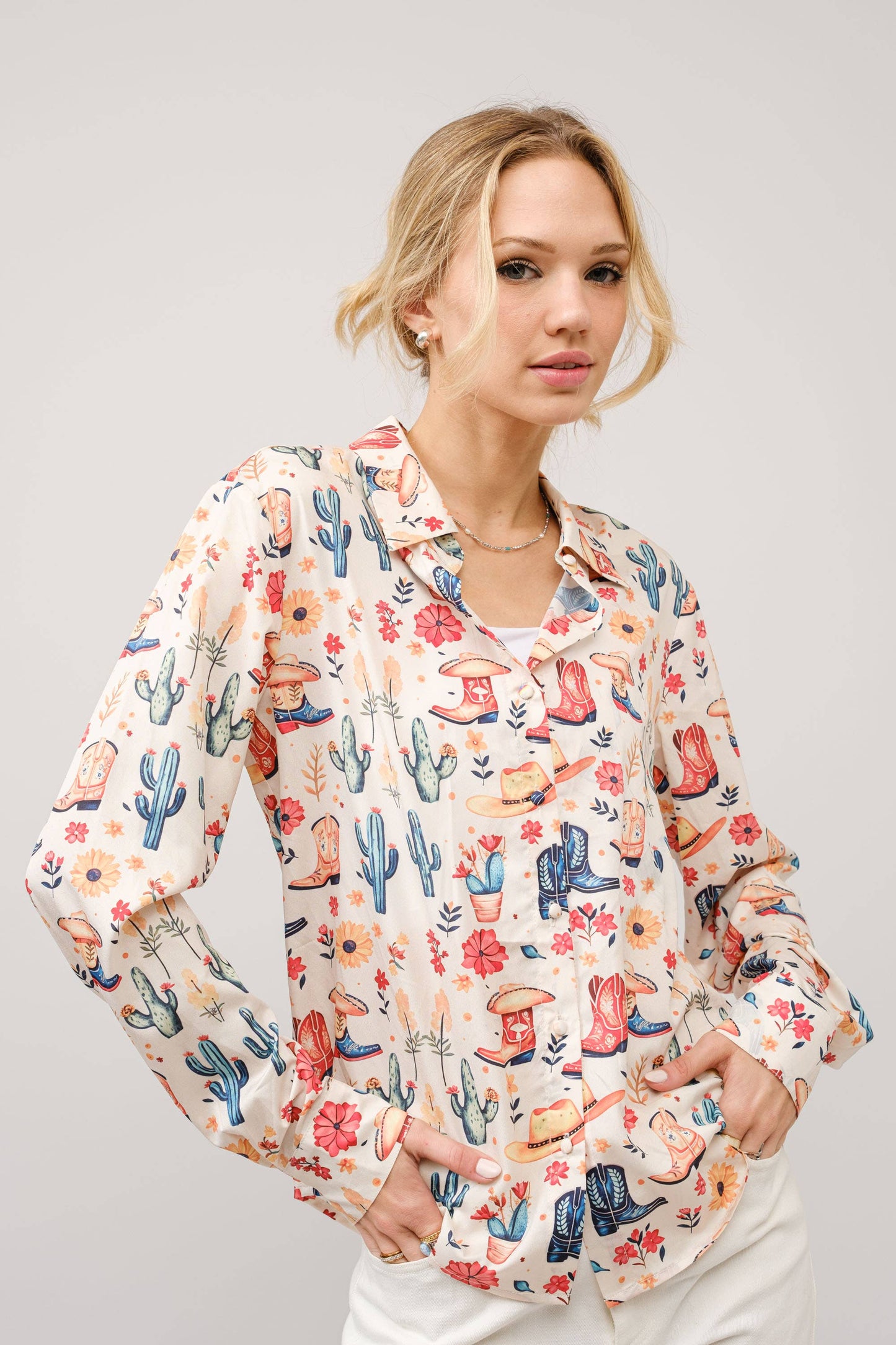 Western Motif Print Button Up Shirt