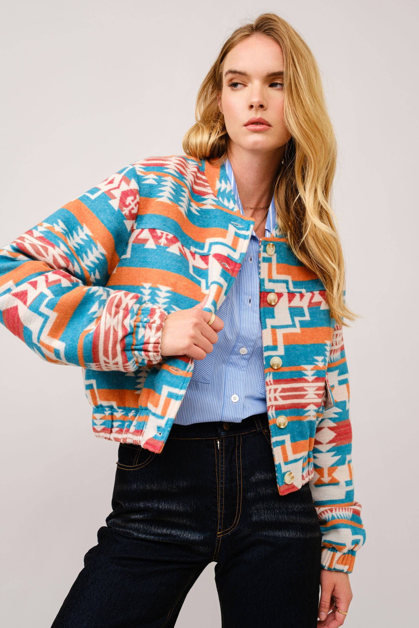 Jacquard Aztec Snap Up Bomber Jacket: