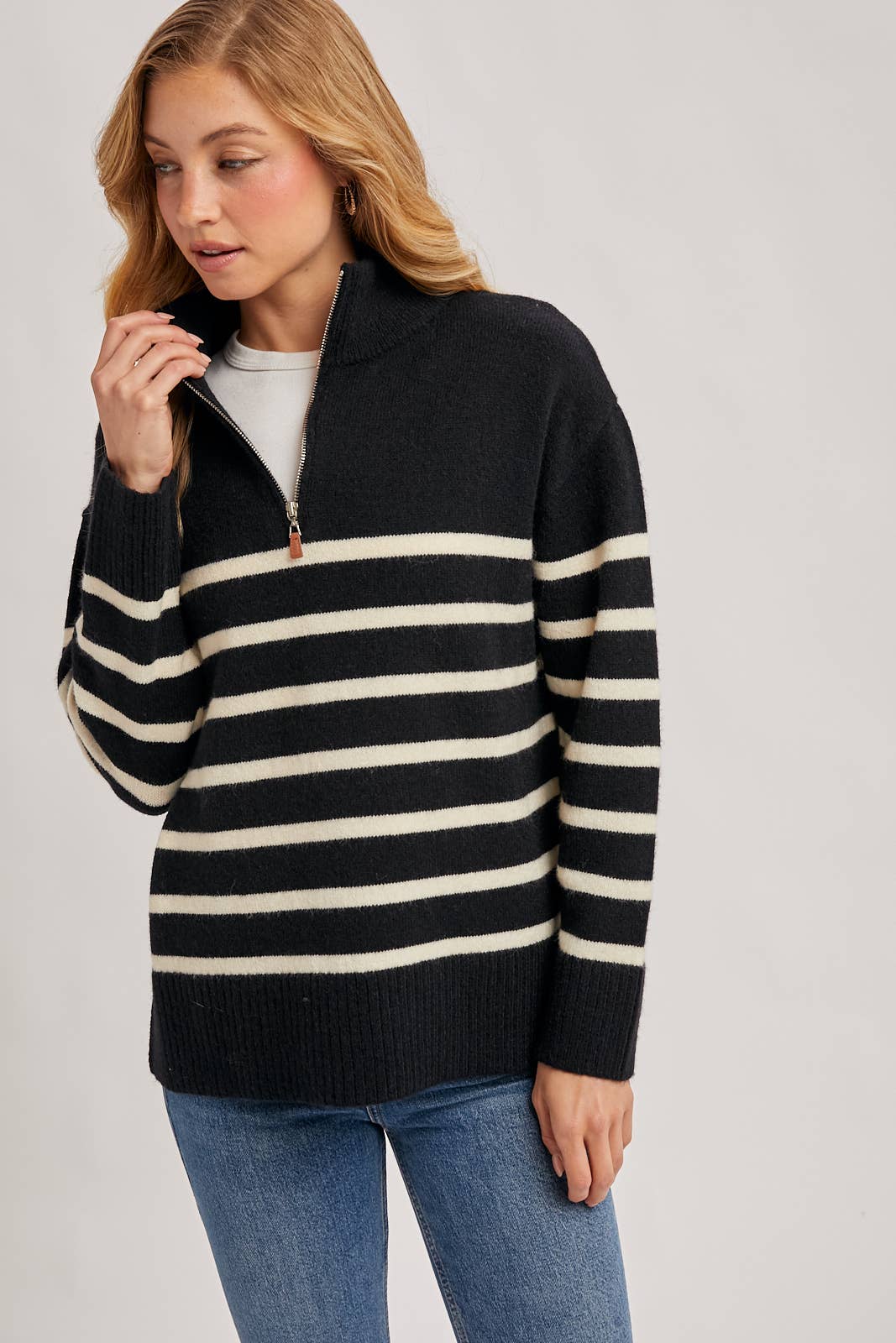 QUARTER ZIP UP STRIPE SWEATER PULLOVER