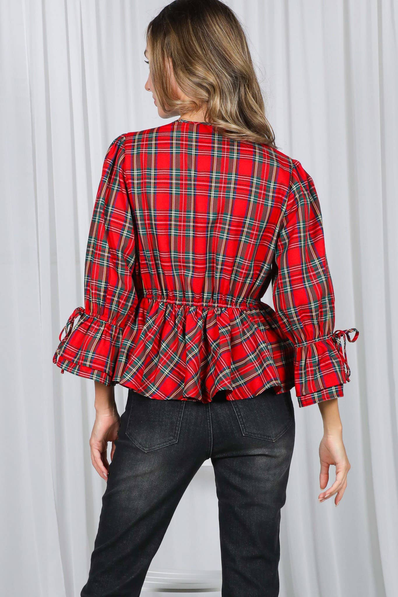 Front Tie Deep V-Neck Ruffle Plaid Top