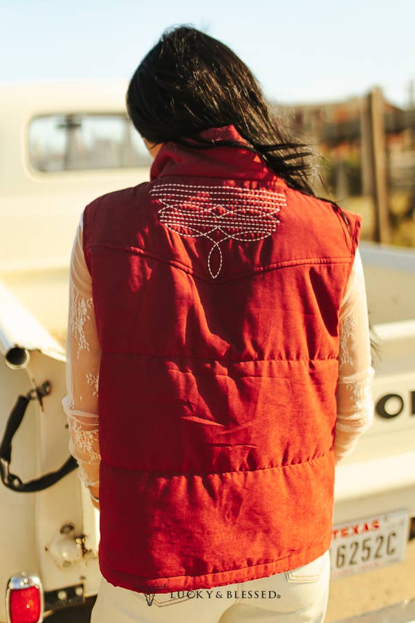 Wine Puffer W Aztec Lining Boot Stitch Detail Vest