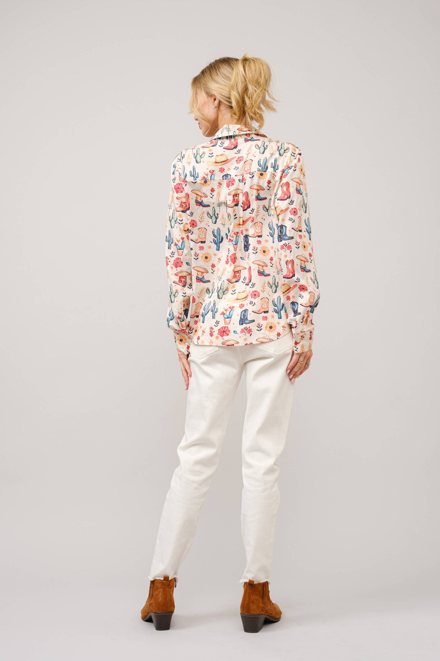 Western Motif Print Button Up Shirt