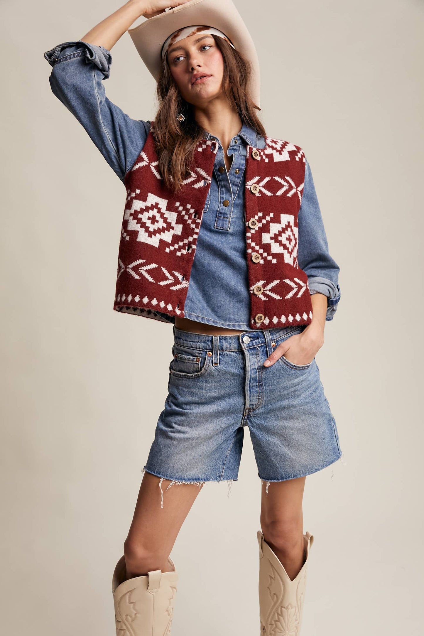 Listicle - Southwestern Button-Up Wool Vest: Amber Brown / M