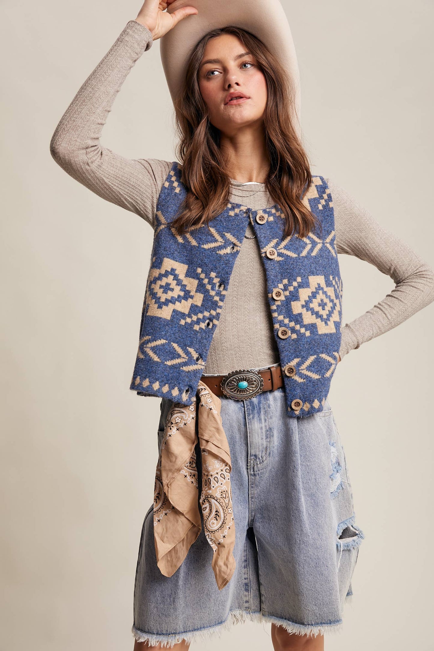 Listicle - Southwestern Button-Up Wool Vest: Amber Brown / M