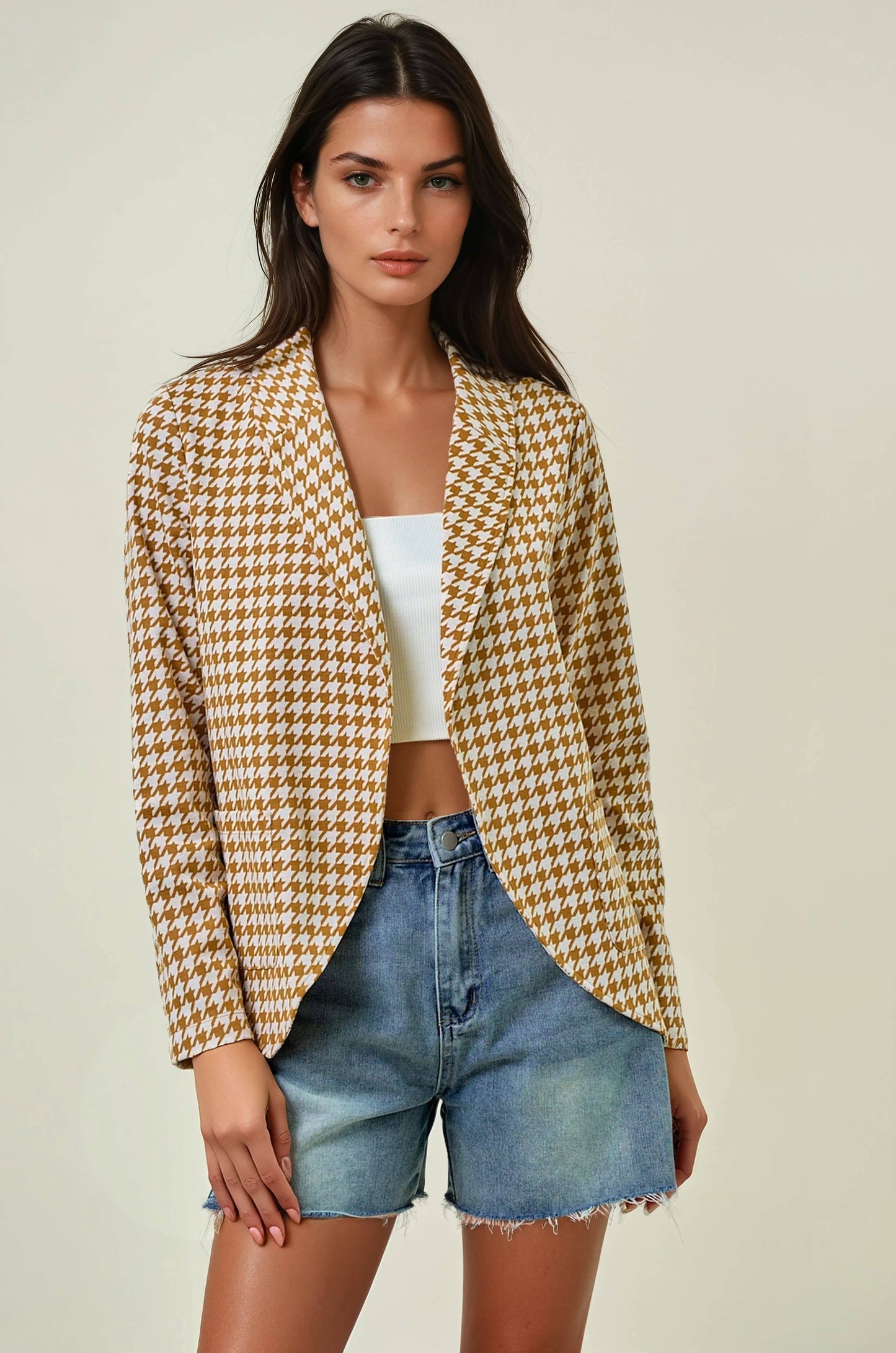 Doe and Rae - HOUNDSTOOTH JACQUARD SHAWL NECK BLAZER JACKET - 10706J: MOCHA/BLACK / S