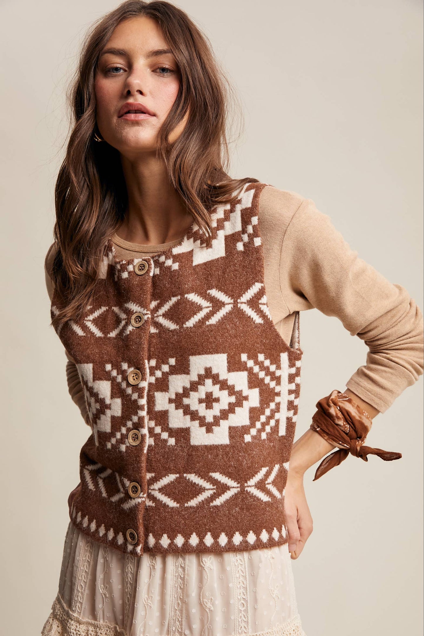 Listicle - Southwestern Button-Up Wool Vest: Amber Brown / M