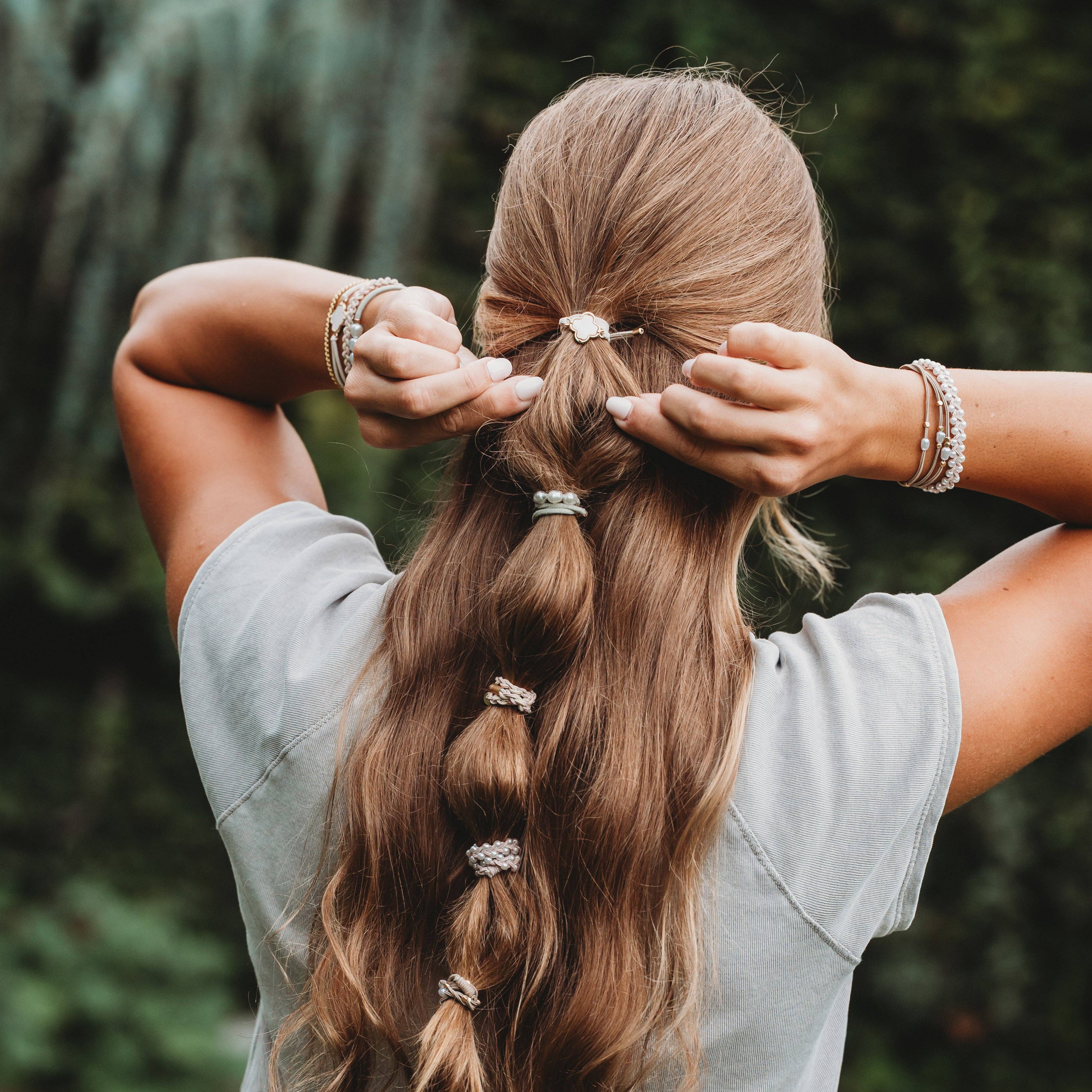 K'lani hair tie bracelets - "Glimmer" Soft Pinks with Pearl and Gold Accent Hair Tie Bracelets
