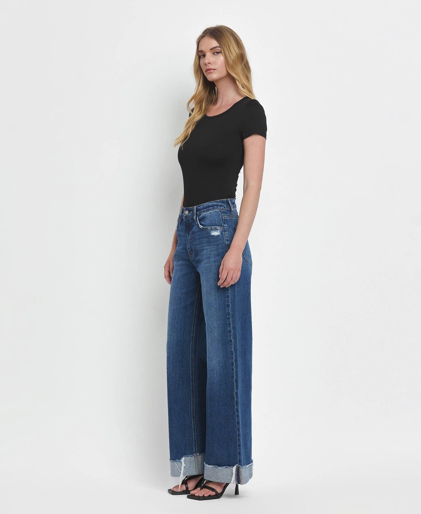 VERVET by FLYING MONKEY - SUPER HIGH RISE CUFFED BAGGY WIDE LEG JEANS T6614