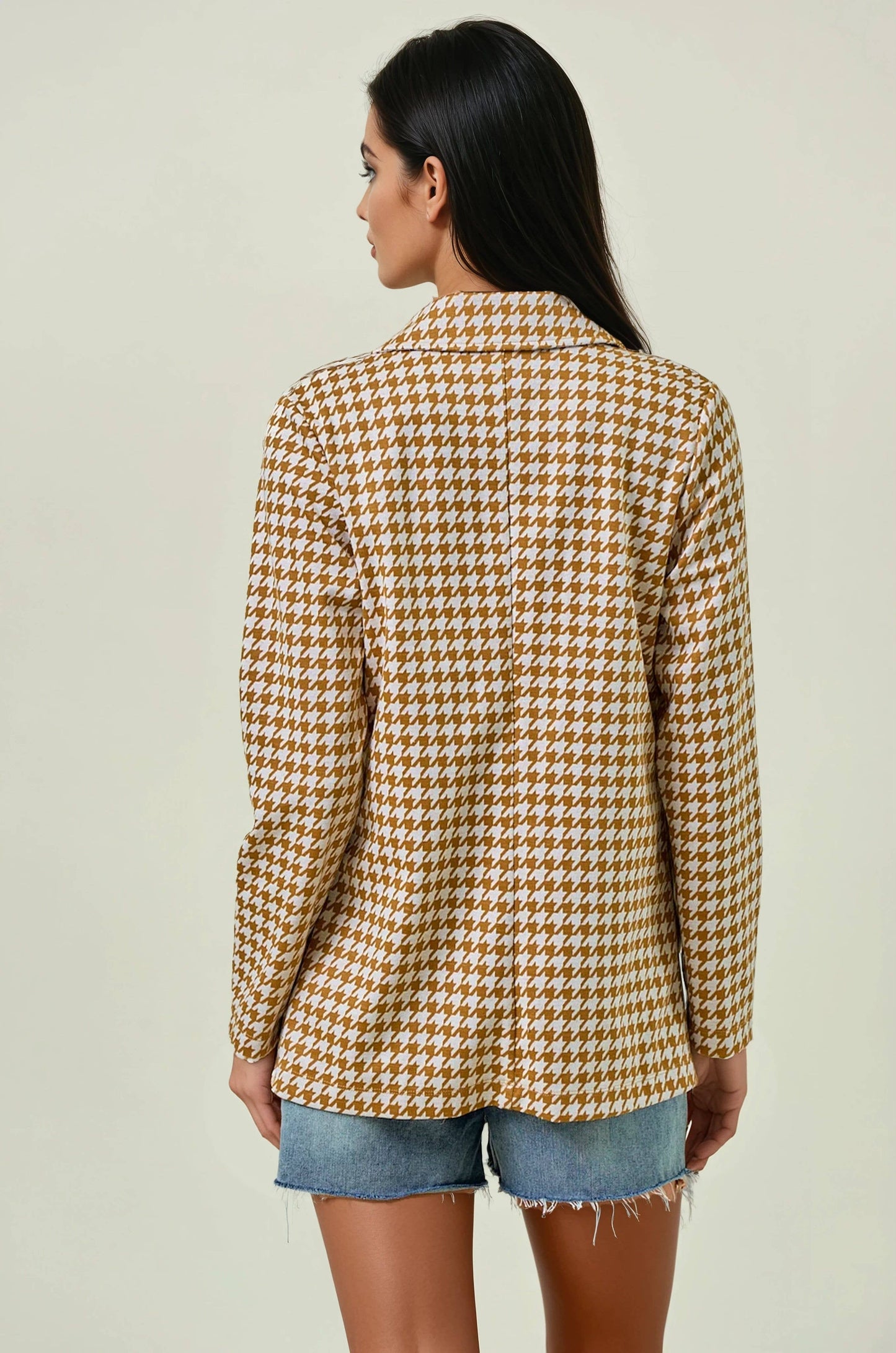 Doe and Rae - HOUNDSTOOTH JACQUARD SHAWL NECK BLAZER JACKET - 10706J: MOCHA/BLACK / S