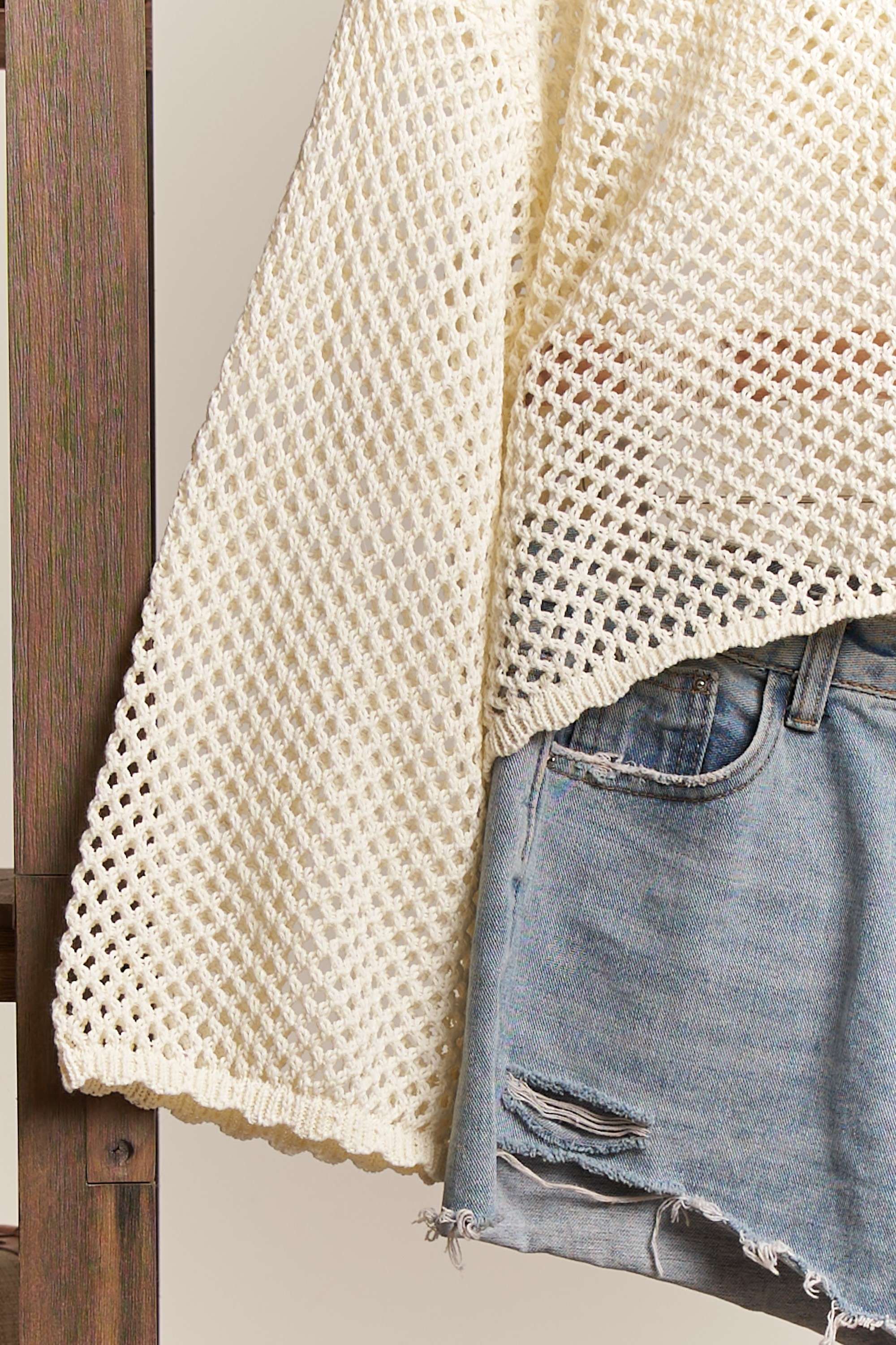 Hooded Wide V Neck Crochet Sweater