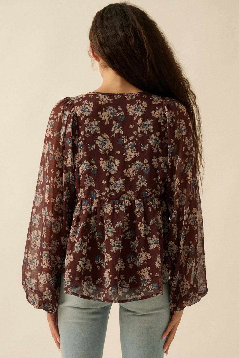 Floral Chiffon Tie-Neck Babydoll Peasant Top