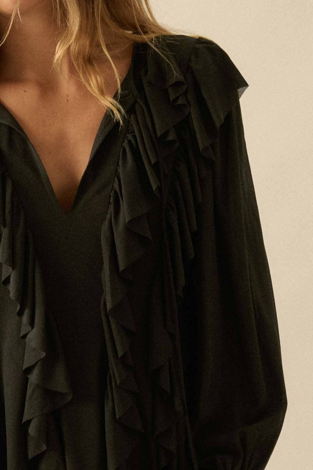 Cascade Ruffles Trumpet-Sleeve Knit Romper