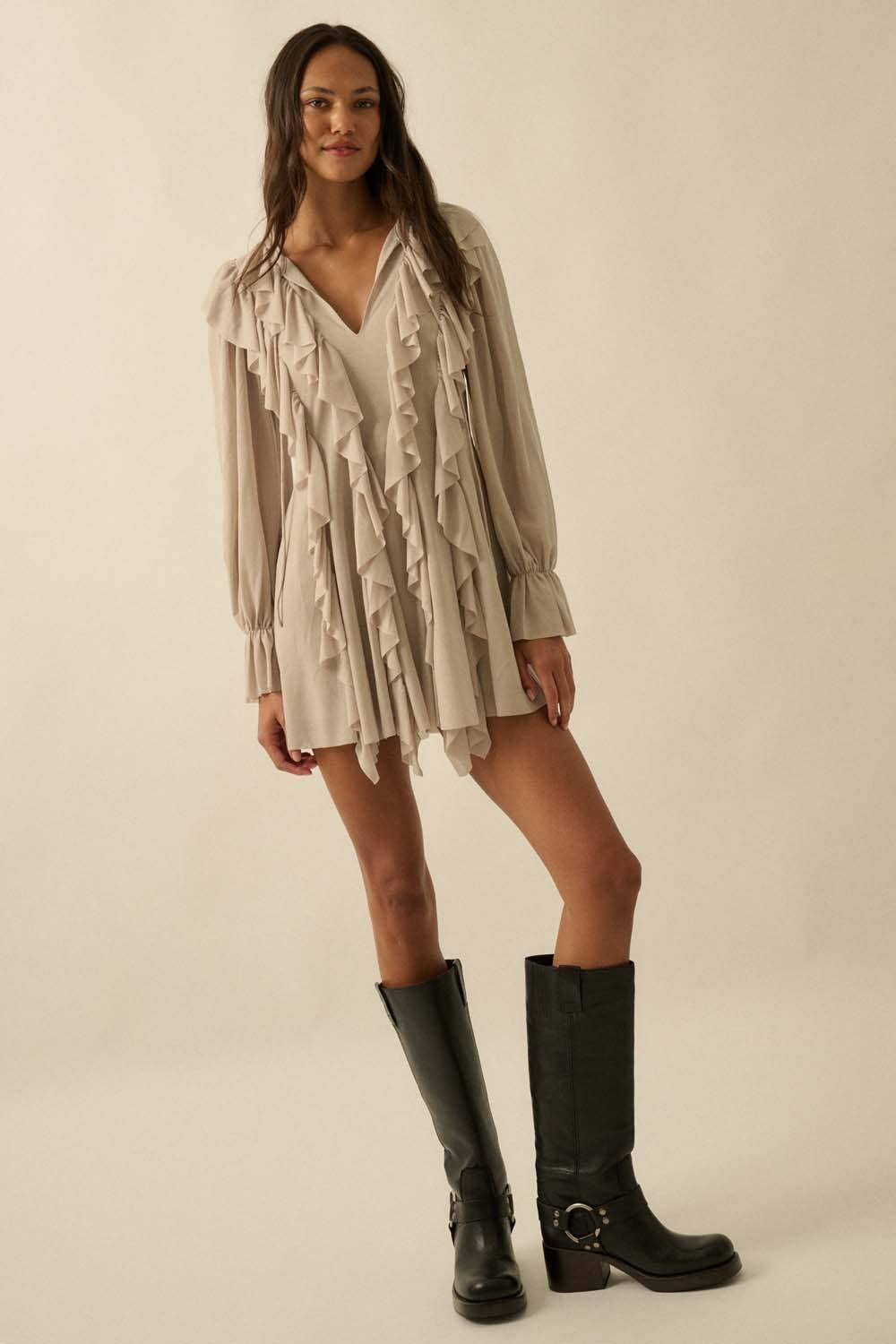 Cascade Ruffles Trumpet-Sleeve Knit Romper