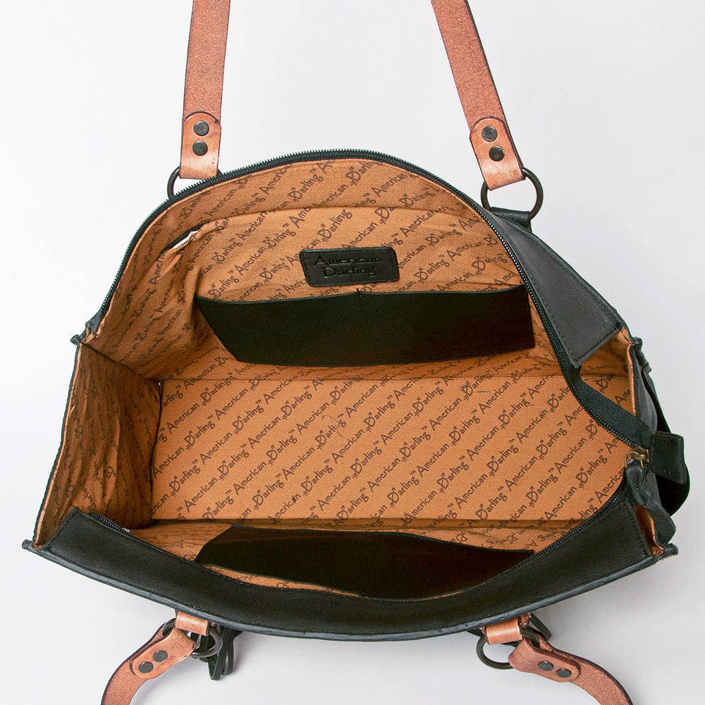 Southwestern Aztec Tote Bag with Hand-Tooled Leather and Fringe - Western Shoulder Purse