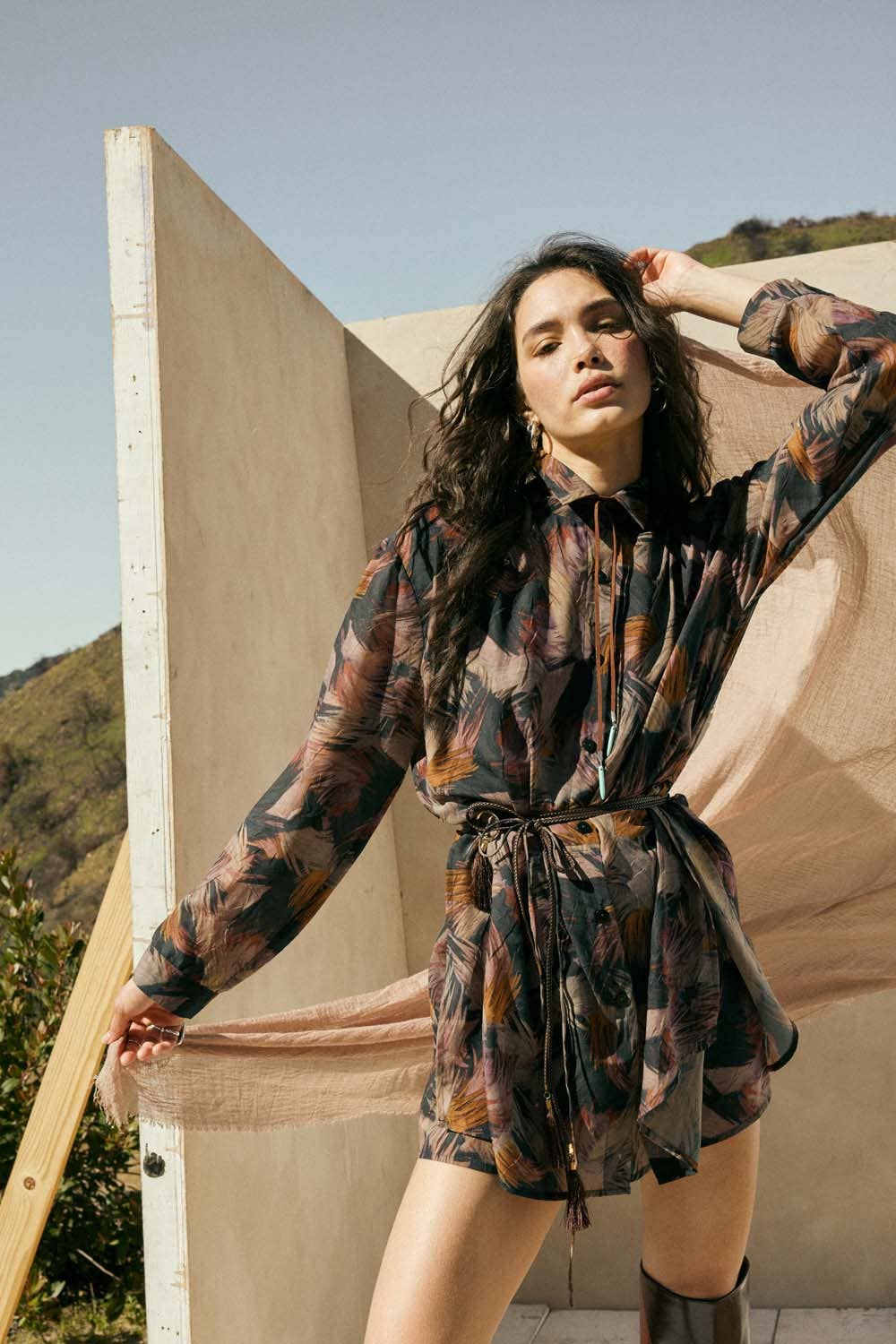 Abstract-Print Belted Button-Up Shirt Romper