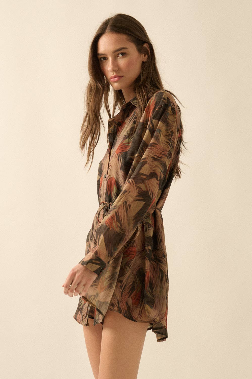 Abstract-Print Belted Button-Up Shirt Romper