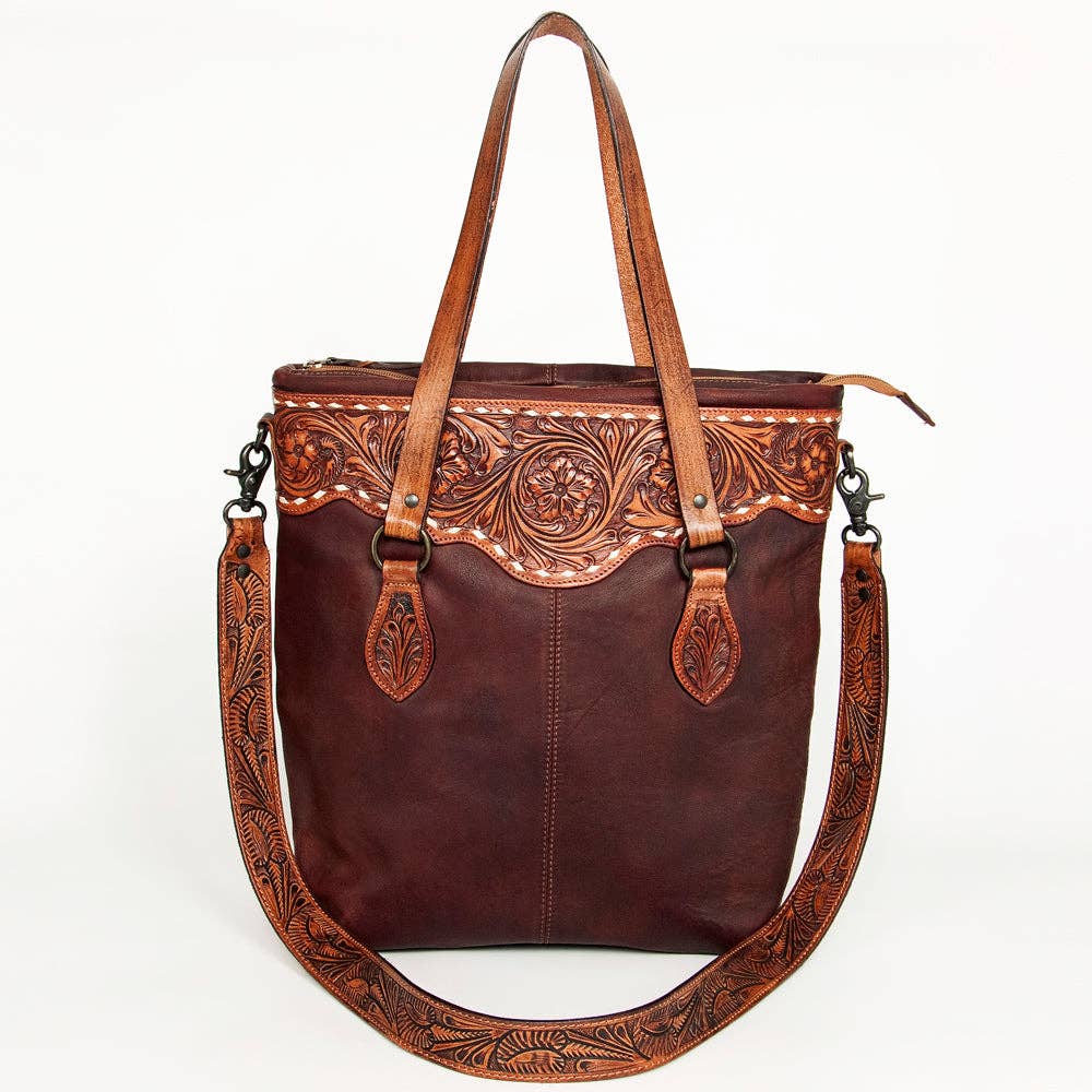 Hand-Tooled Full Leather Western Tote Bag - Wine Red with Floral Strap