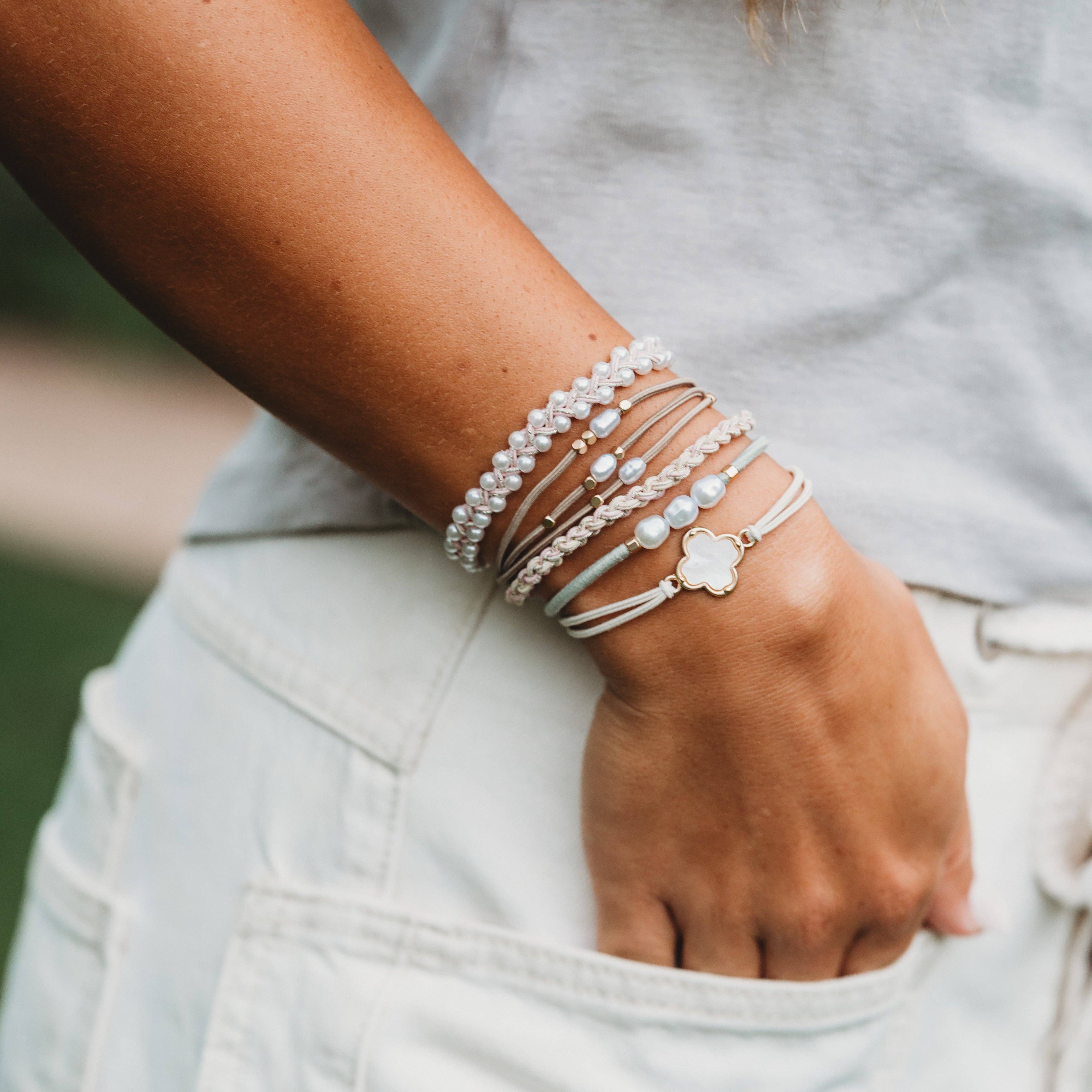 K'lani hair tie bracelets - "Glimmer" Soft Pinks with Pearl and Gold Accent Hair Tie Bracelets