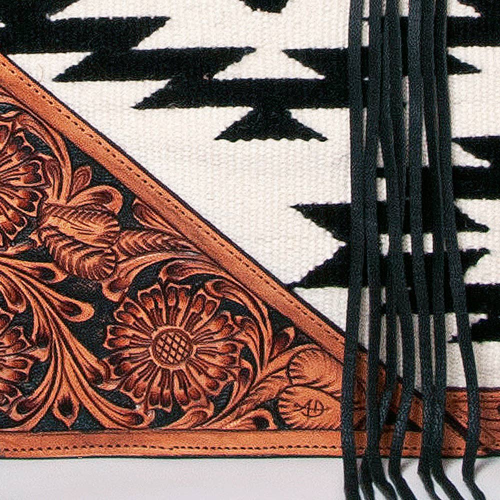 Southwestern Aztec Tote Bag with Hand-Tooled Leather and Fringe - Western Shoulder Purse
