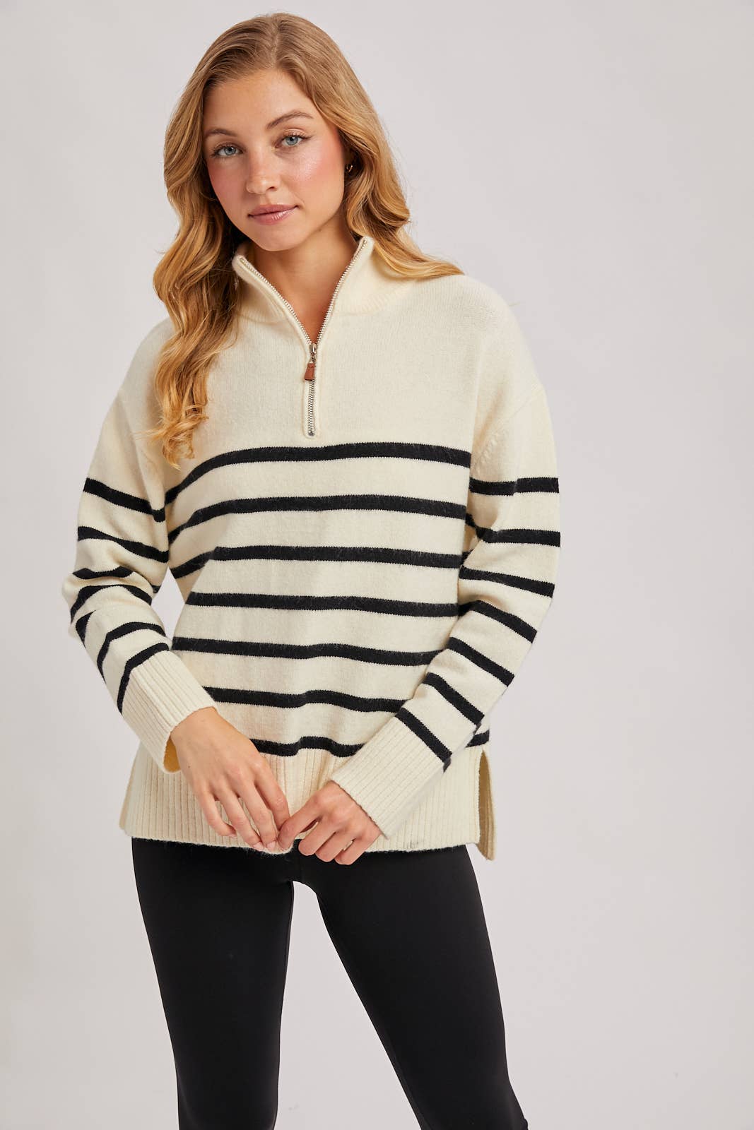 QUARTER ZIP UP STRIPE SWEATER PULLOVER