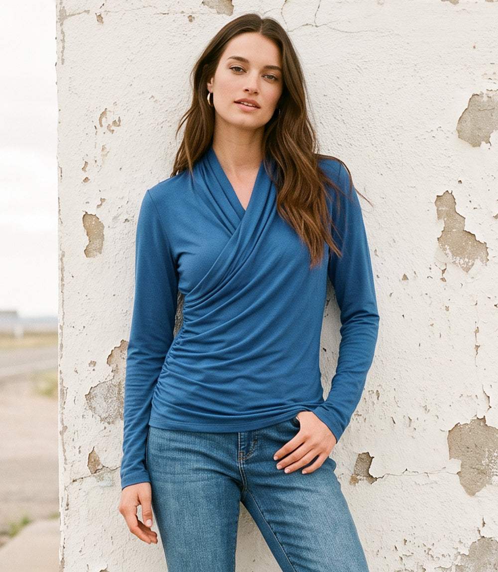 Long Sleeve Crossover Side-Shirred Top