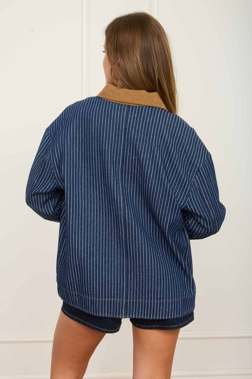 STRIPE CORDUROY COLLAR DENIM SHACKET