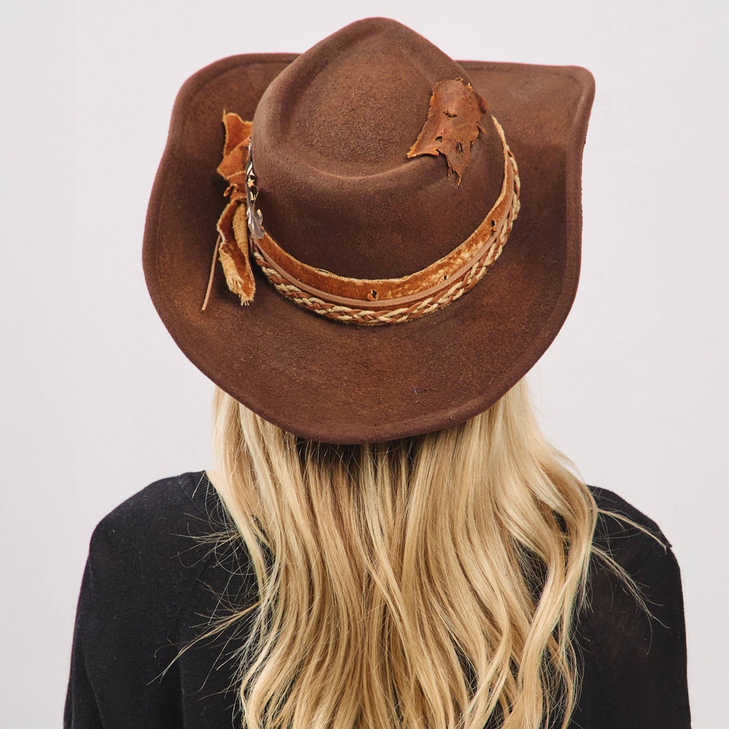 Distressed Band with Feather Cowgirl Fedora Hat
