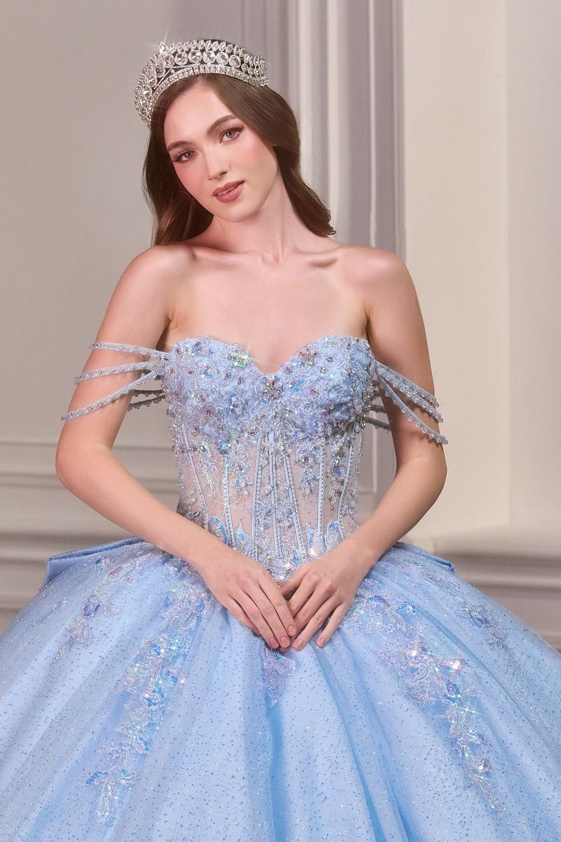 Romantic Off The Shoulder Quinceanera Gown w/ Sheer Corset Bodice & Floral Applique CD15735