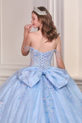 Romantic Off The Shoulder Quinceanera Gown w/ Sheer Corset Bodice & Floral Applique CD15735