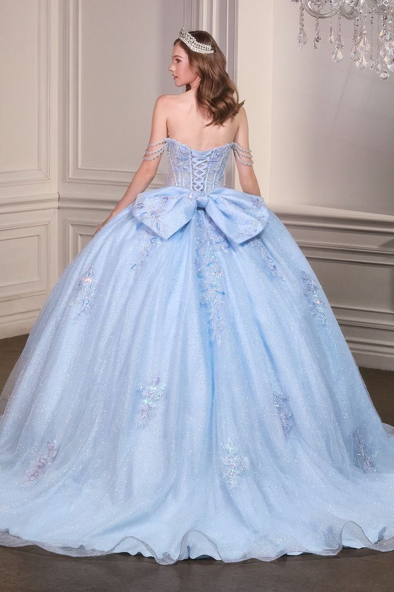 Romantic Off The Shoulder Quinceanera Gown w/ Sheer Corset Bodice & Floral Applique CD15735